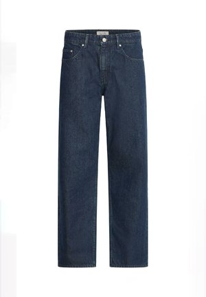 Dunkelblaue Jeans mit geradem Schnitt, klassischem Fünf-Taschen-Design und Reißverschluss. Mit silberfarbener Hardware und Stitching-Details.