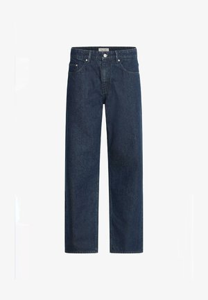 Granatowe dżinsy o prostym kroju, klasyczny fason pięciu kieszeni i zamek błyskawiczny. Posiada srebrne okucia i detale w stębnowaniu.