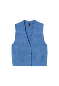 Niebieski bezrękawnik z miękkiego materiału, z dekoltem w kształcie V, zapięciem na guziki z przodu oraz prążkowanym wykończeniem z siedmioma perłowymi akcentami.