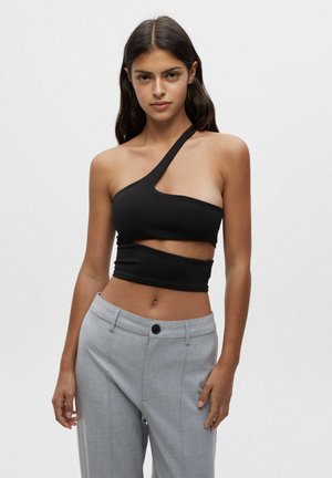 ASYMMETRIC CUT-OUT CROP - Top - mottled black