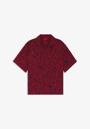 Lyhythihainen kauluksellinen nappipaita, jossa on tiheä punainen ruusukuosi mustalla taustalla, kaulus ja edessä napit.