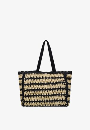 Schwarze und beige gewebte Tragetasche mit breiten schwarzen Stoffgriffen, rechteckiger Form und offenem oberen Teil.