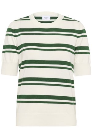 Fehér, rövid ujjú pulóver zöld vízszintes csíkkal. Kerek nyakkivágással és bordázott szegéllyel rendelkezik. Puha kötött textúrával készült.