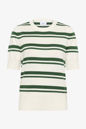 Valkoinen lyhythihainen neulepaita, jossa on vihreitä vaakaraitoja. Ominaisuuksiin kuuluu pyöreä pääntie ja ribattu helma. Pehmeä neulostekstuuri.