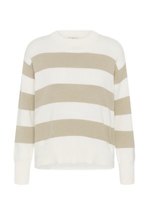 Pikkade varrukatega kootud kampsun, laia horisontaalse beeži ja valge triibuga ning ümara kaelusega.