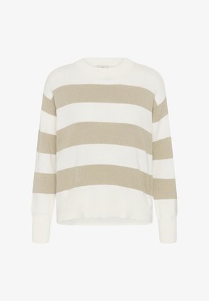Langärmliger Strickpullover mit breiten, horizontalen Streifen in Beige und Weiß sowie einem Rundhalsausschnitt.