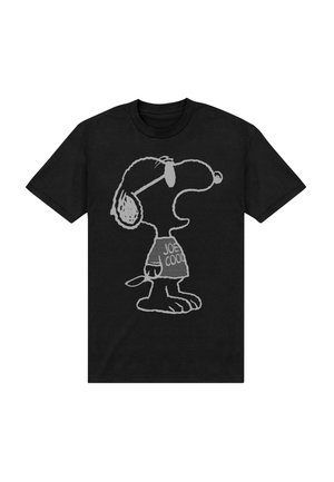 Černé tričko s šedým obrysem Snoopyho, který má sluneční brýle a tričko "Joe Cool", stojí z profilu s jednou rukou dolů.