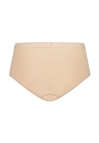 Beige high-waisted onderbroeken van rekbaar materiaal, met een gladde textuur, elastische tailleband en een eenvoudig ontwerp zonder zichtbare patronen.