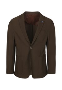 Brauner Blazer aus strukturiertem Stoff, mit zwei Fronttaschen, Ein-Knopf-Verschluss und einem dezenten Musterdesign. Auffälliges Innenfutterdetail.