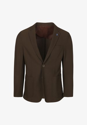 Bruine blazer van een gestructureerde stof, met twee voorke pockets, een enkele knoopsluiting en een subtiel patroon. Opmerkelijke details aan de binnenvoering.