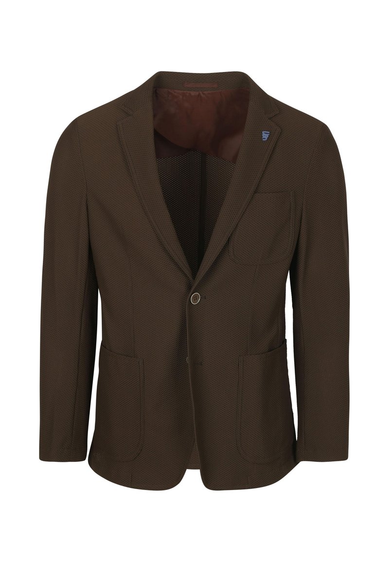 Brauner Blazer aus strukturiertem Stoff, mit zwei Fronttaschen, Ein-Knopf-Verschluss und einem dezenten Musterdesign. Auffälliges Innenfutterdetail.