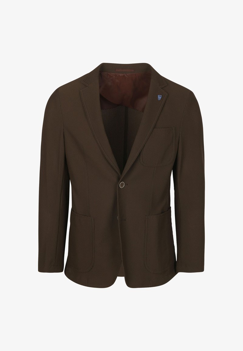 Brown blazer with a textured fabric, two front pockets, single button closure, and a subtle patterned design. Notable inner lining detail.