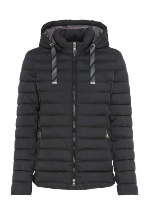 Schwarze, gesteppten Steppjacke mit Kapuze, gestreiften Kordelzügen, Frontreißverschluss und seitlichen Reißverschlusstaschen.