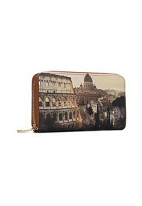 Portafoglio con zip caratterizzato da un design stampato del Colosseo e della Basilica di San Pietro a Roma, Italia, con testo in corsivo sul lato.