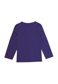Maglietta a maniche lunghe di colore viola uniforme, realizzata in tessuto morbido. Presenta un collo rotondo e nessun ulteriore dettaglio. Texture liscia, vestibilità regolare.
