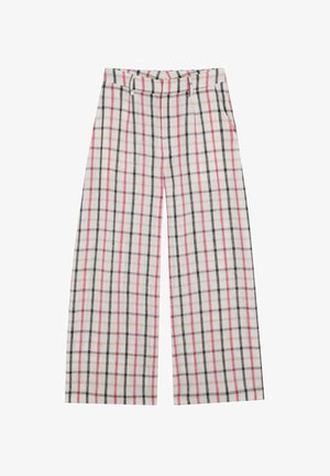 Pantaloni a gamba larga in grigio, rosso e beige. Caratterizzati da una fantasia a quadri, passanti per la cintura e tasche laterali. Realizzati in tessuto leggero.