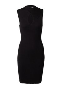 Schwarzes, geripptes, ärmelloses Kleid mit hohem Kragen und einemkeyhole-Ausschnitt auf der Rückseite. Figurbetonte Passform mit strukturierter Stoff für Elastizität.