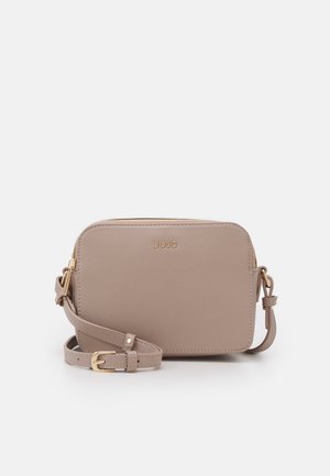 Beige rectangular crossbody bag with gold zipper, adjustable strap, and small LIU JO logo on front center.