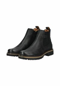 Black leather ankle boots with elastic side panels, contrasting stitching, and a textured rubber sole. Features pull tabs for easy wear.