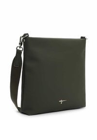 Borsa a tracolla verde oliva in materiale sintetico liscio, con ferrature argento, tracolla regolabile in tessuto e design minimalista con un logo discreto.