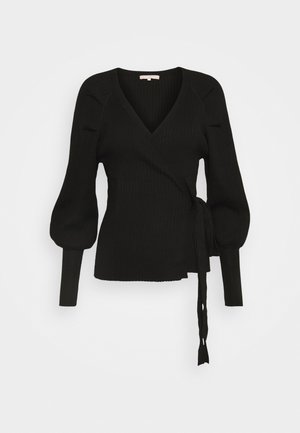 Schwarzer gerippter Wickelpullover mit tiefem V-Ausschnitt, aufgepolsterten langen Ärmeln, eng anliegenden Bündchen und seitlicher Bindung.