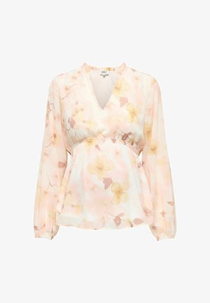 Lichtroze blouse met lange mouwen en zachte gele bloemenprint, V-hals, elastische taille met plooien en ruches aan de kraag.