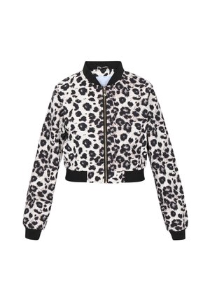 Gekürzte Bomberjacke mit Leopardenmuster in Schwarz und Creme, ausgestattet mit einem Reißverschluss und schwarzen Rippbündchen sowie Saum.