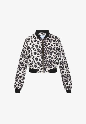 Gekürzte Bomberjacke mit Leopardenmuster in Schwarz und Creme, ausgestattet mit einem Reißverschluss und schwarzen Rippbündchen sowie Saum.