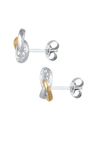Ohrringe aus Sterlingsilber mit einem goldenen Akzent in Form von ineinander verschlungenen Schlaufen, verziert mit klaren, funkelnden Steinen, die in das Design integriert sind.
