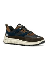 Zapatillas de hombre que combinan ante marrón y tejido azul marino, con acentos negros, cordones texturizados y una suela intermedia gruesa blanca con un diseño de olas.