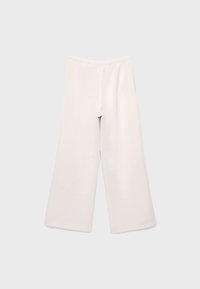Weite, cremefarbene Hose aus weichem Stoff. Mit elastischem Bund und ohne sichtbare Taschen. Glatte Textur über die gesamte Hose.