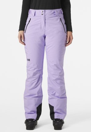 Purple ski pants made of waterproof material, featuring a fitted waist, adjustable straps, side zip pockets, and contrasting black accents.