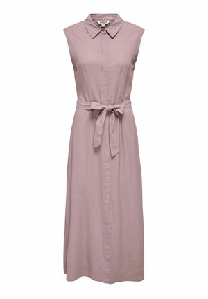 Robe midi sans manches en mauve doux avec un col pointu et une ceinture en tissu nouée à la taille, dotée d'une patte de boutonnage avant cachée.