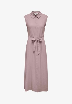 Robe midi sans manches en mauve doux avec un col pointu et une ceinture en tissu nouée à la taille, dotée d'une patte de boutonnage avant cachée.