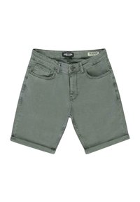 Olijfgroene denimshorts met een opgerolde zoom, voorzien van voorzakken, een knoopsluiting en een label met de tekst "CARS JEANS" op de tailleband.