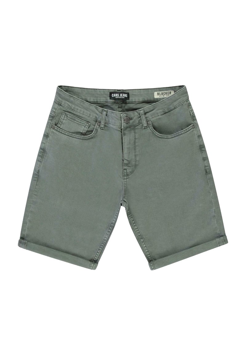 Olijfgroene denimshorts met een opgerolde zoom, voorzien van voorzakken, een knoopsluiting en een label met de tekst "CARS JEANS" op de tailleband.