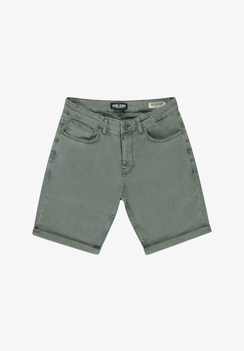 Olijfgroene denimshorts met een opgerolde zoom, voorzien van voorzakken, een knoopsluiting en een label met de tekst "CARS JEANS" op de tailleband.