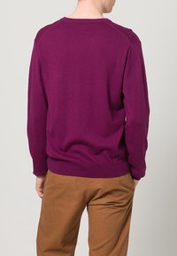 Lila Wollpullover mit Rundhalsausschnitt und Raglanärmeln. Strukturiertes Finish und gerippte Bündchen. Kombiniert mit khakifarbenen Hosen.