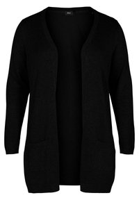 Černý cardigan s dlouhými rukávy, otevřeným předním dílem, dvěma předními kapsami, žebrovanými manžetami a hladkým, jemným povrchem. Vyrobeno z lehkého materiálu.