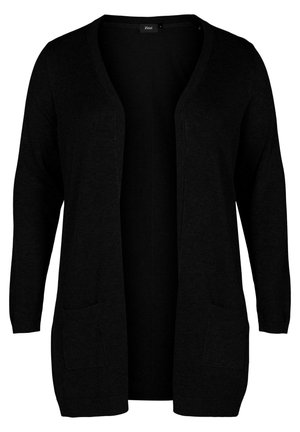 Black cardigan with long sleeves, open front, two front pockets, ribbed cuffs, and a smooth, soft texture. Made from lightweight fabric.
