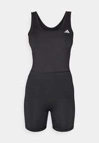 Svart atletisk body med en tettsittende design, ermeløs utskjæring og korte ben. Har en rund hals og hvit logo aksent på brystet.