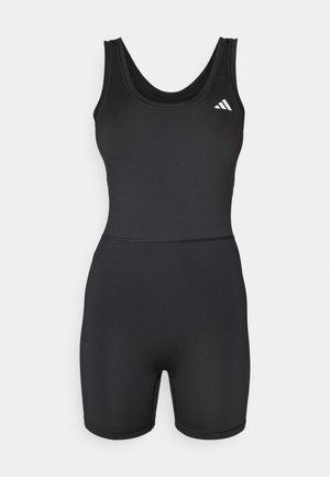 Bodysuit de sport noir avec un design ajusté, sans manches et jambes courtes. Présente un col rond et un accent logo blanc sur la poitrine.