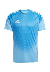 Blaues Sport-Shirt, kurzärmlig, aus synthetischem Material. Hat ein Verlaufsmuster mit geschwungenen Linien und drei weißen Streifen auf den Schultern.