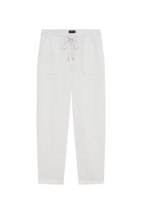 Pantaloni bianchi in lino con vita elastica e coulisse, dotati di due tasche laterali e una vestibilità rilassata, texture liscia e gambe dritte.