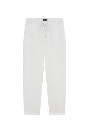 Witte linnen broek met een elastische tailleband en trekkoord, voorzien van twee zijzakken en een losse pasvorm, gladde textuur en rechte pijpen.