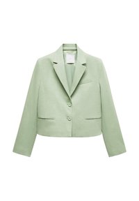 Blazer court en tissu vert clair avec un col cranté, deux boutons et deux poches ; texture lisse et coupe ajustée.