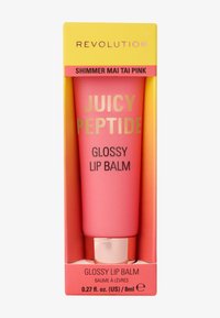 Glansete leppebalsam i en rosa tube med gulltekst, pakket i en gul og rosa eske. Teksten sier "JUICY PEPTIDE" og "GLREROUS LIP BALM."