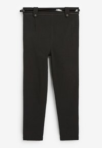 Pantaloni neri realizzati in un tessuto liscio e intrecciato; presentano una vita sagomata con due bottoni e una vestibilità slim; senza motivi o decorazioni visibili.