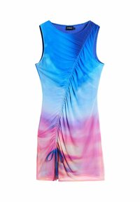 Rochie fără mâneci, în degrade de albastru spre roz, cu un design plisat și un detaliu cu șnur la tiv. Textură de material moale și neted.