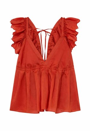 Bluza fără mâneci, de culoare portocaliu-ruginiu, cu decolteu adânc în V, bretele cu volane și închidere cu panglică în spate. Croială lejeră cu detaliu cu nasturi strânși în talie.